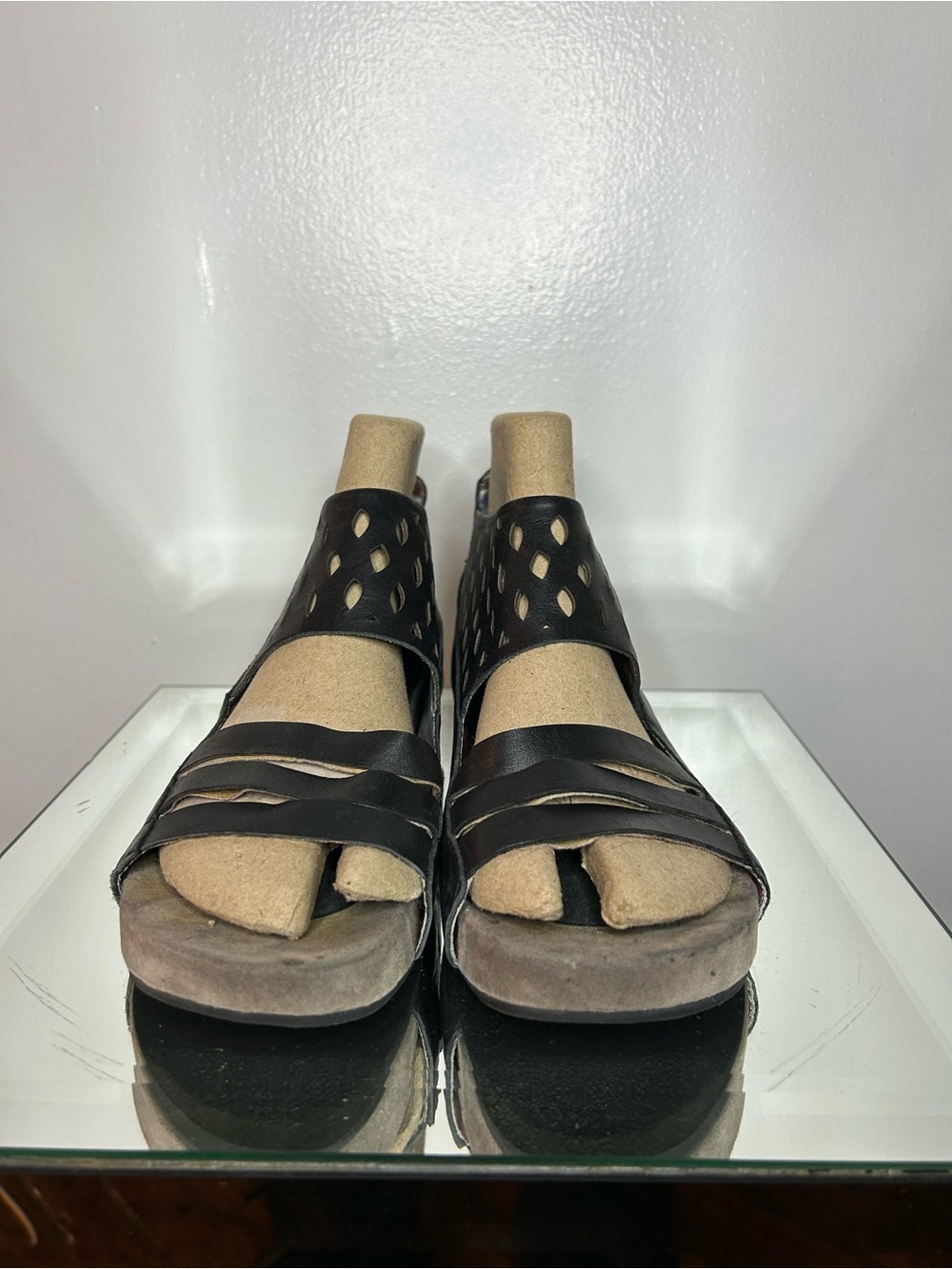 ANTELOPE Black Leather Cutout Wedge Sandal Size 39